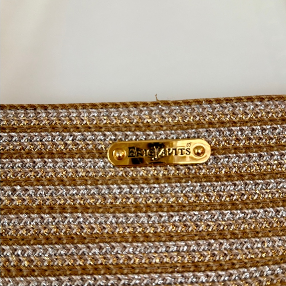 Eric Javits Woven Metallic Gold, Silver and Tan Striped Shoulder Bag - Picture 2 of 11